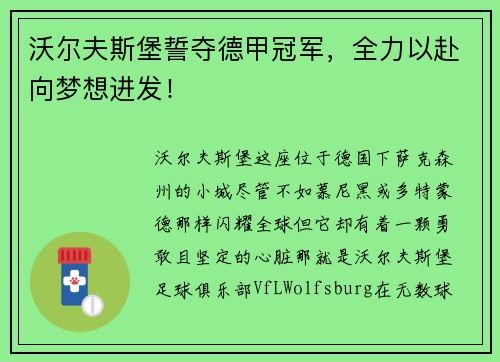 沃尔夫斯堡誓夺德甲冠军，全力以赴向梦想进发！